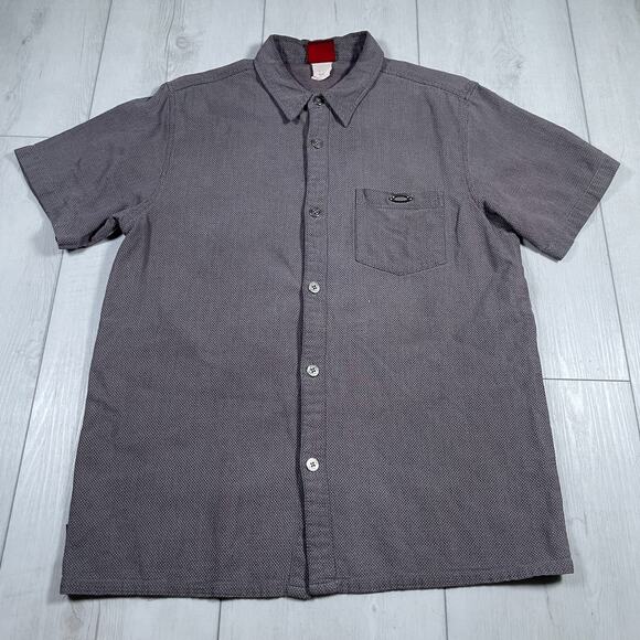 Oakley Mens Large Button Up Short Sleeve Shirt Pocket Metal Logo Purple Gray - Picture 1 of 12